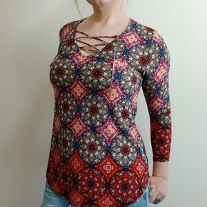 Colorful laceup mandala print boho top